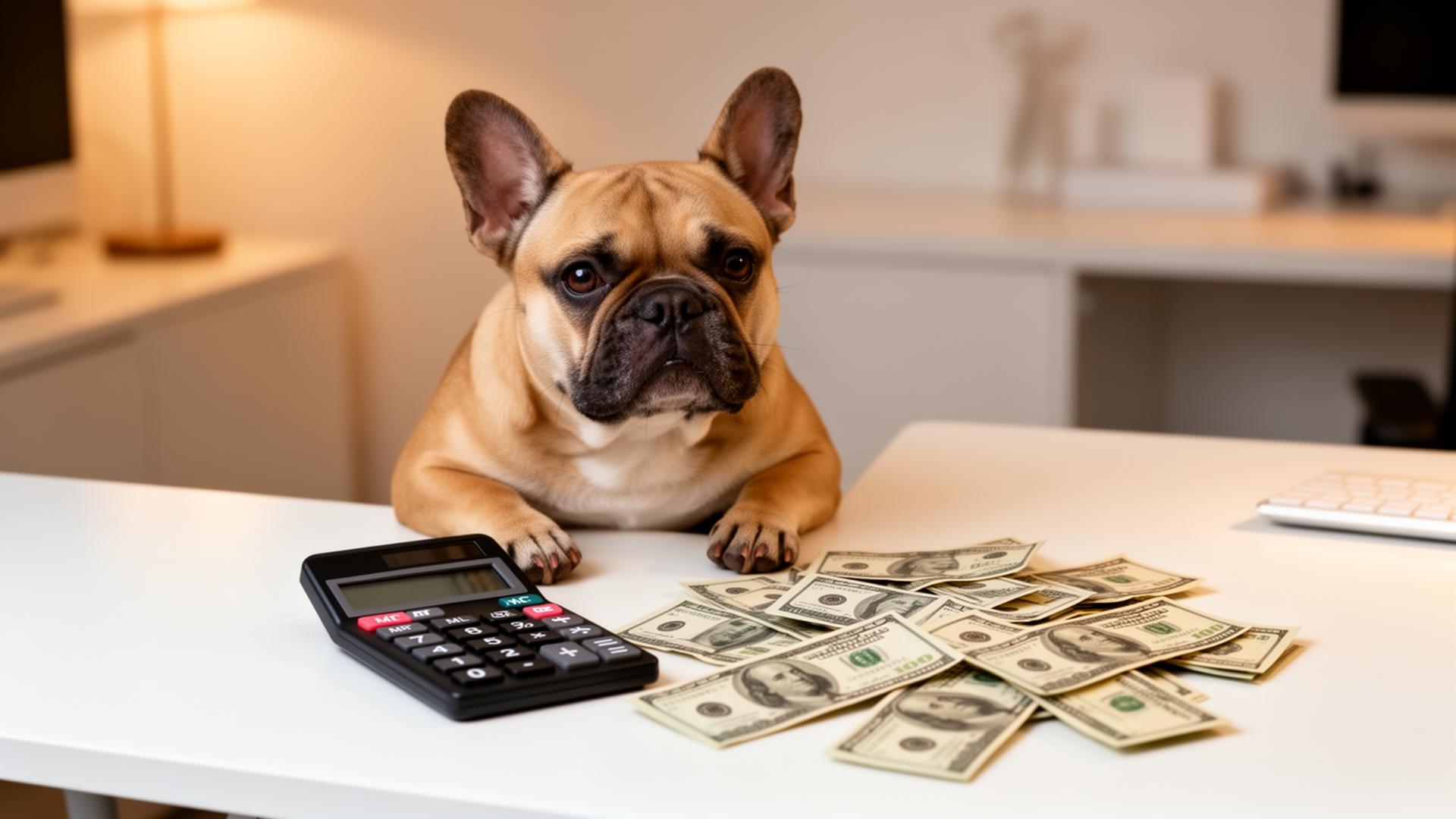 French bulldog with calculator and money