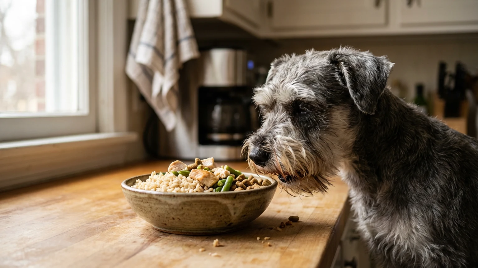 French bulldog eating from a bowl with wholesome simple ingredients