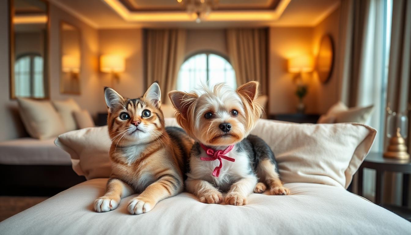 Cat and small dog relaxing on plush bedding in a luxury pet hotel suite