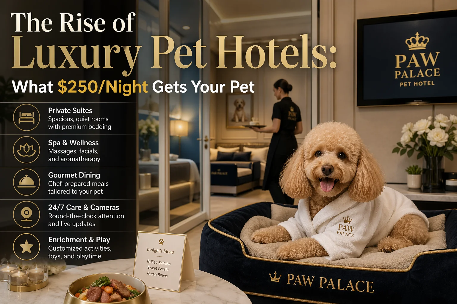 Poodle in a plush robe lounging in a Paw Palace pet hotel suite with gourmet dining and luxury amenities