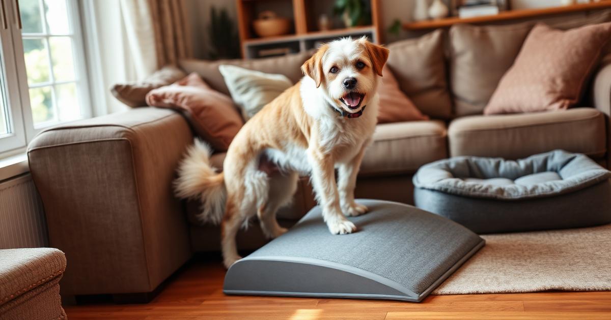 Senior dog using a pet ramp in a cozy home environment