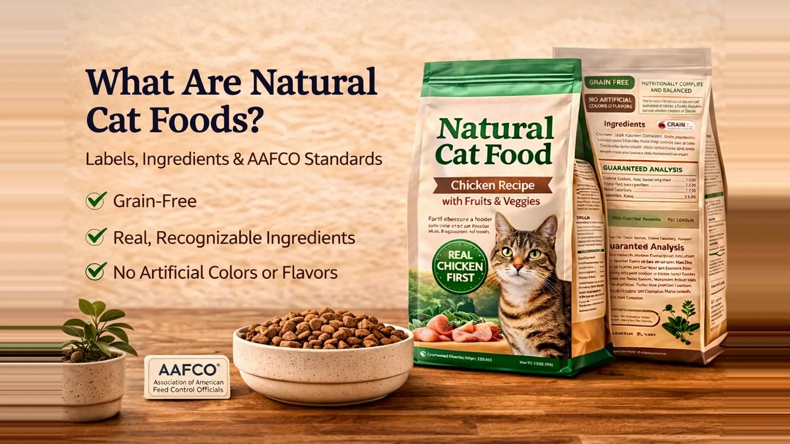 Bag of natural grain-free chicken recipe cat food next to a bowl of kibble and an AAFCO certification badge on a wooden kitchen counter