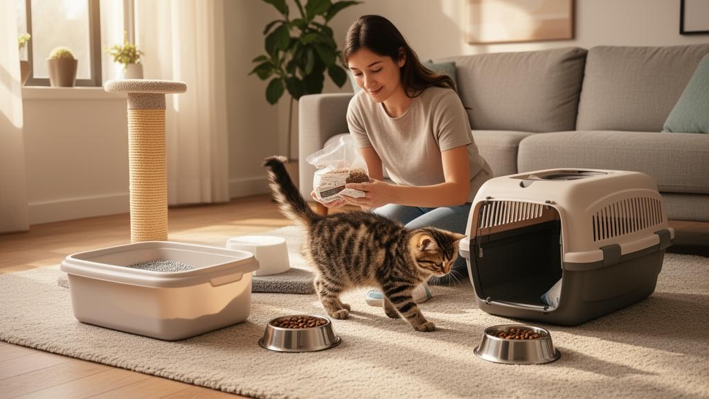 New cat owner unpacking essential supplies including a litter box and scratching post