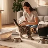 New cat owner unpacking essential supplies including a litter box and scratching post