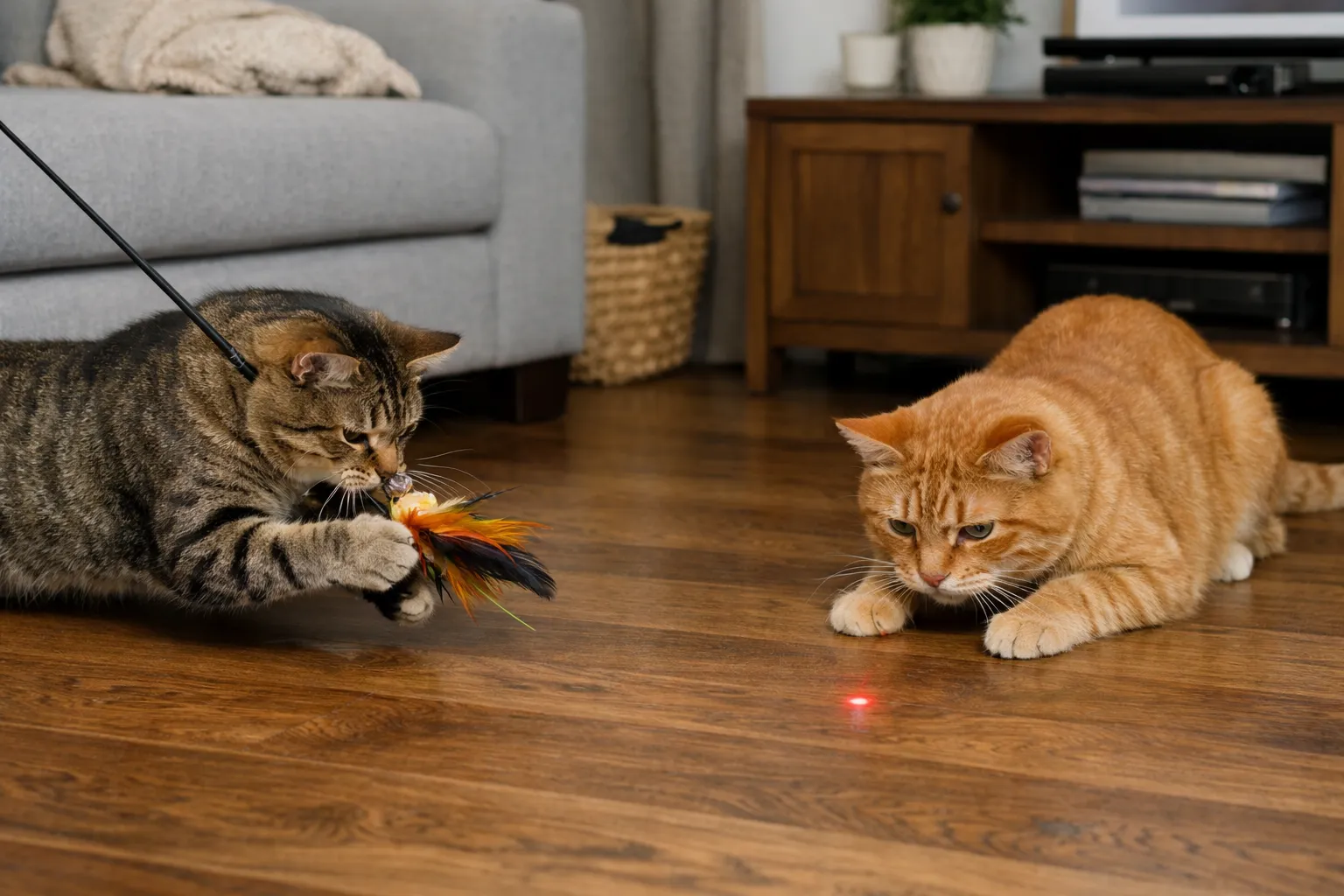New cat parent playing with kittens near a scratching post in a cozy living room