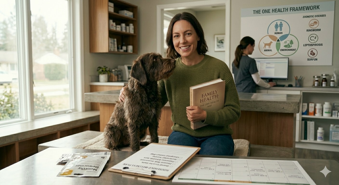 Family with children sitting together with their dog and cat