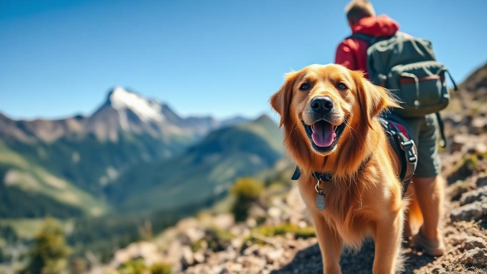 Golden retriever hiking on a mountain trail with its owner