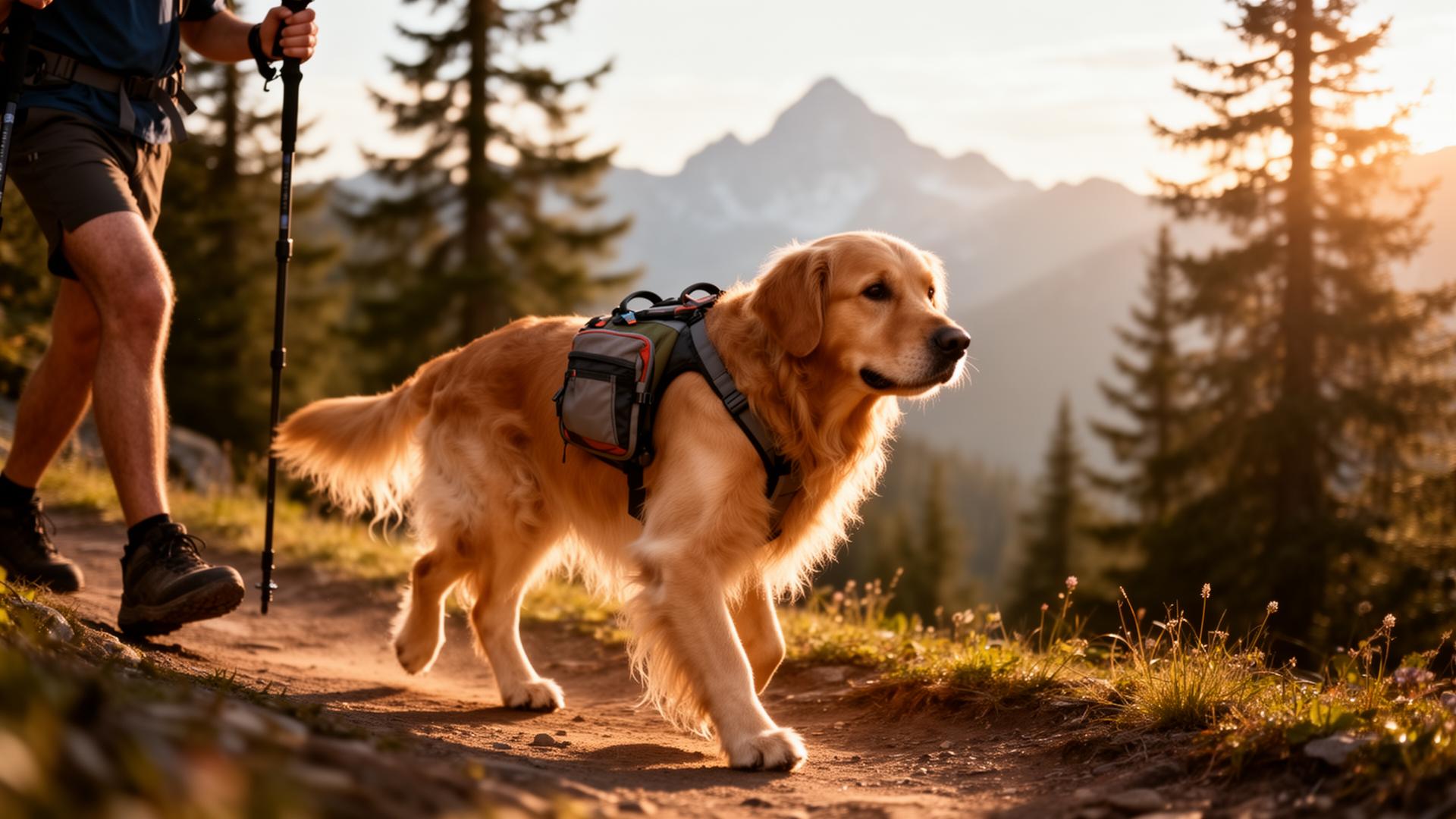 Golden retriever hiking on a mountain trail with its owner