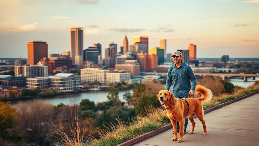 Dog owner walking a golden retriever along an Austin, Texas trail at sunset