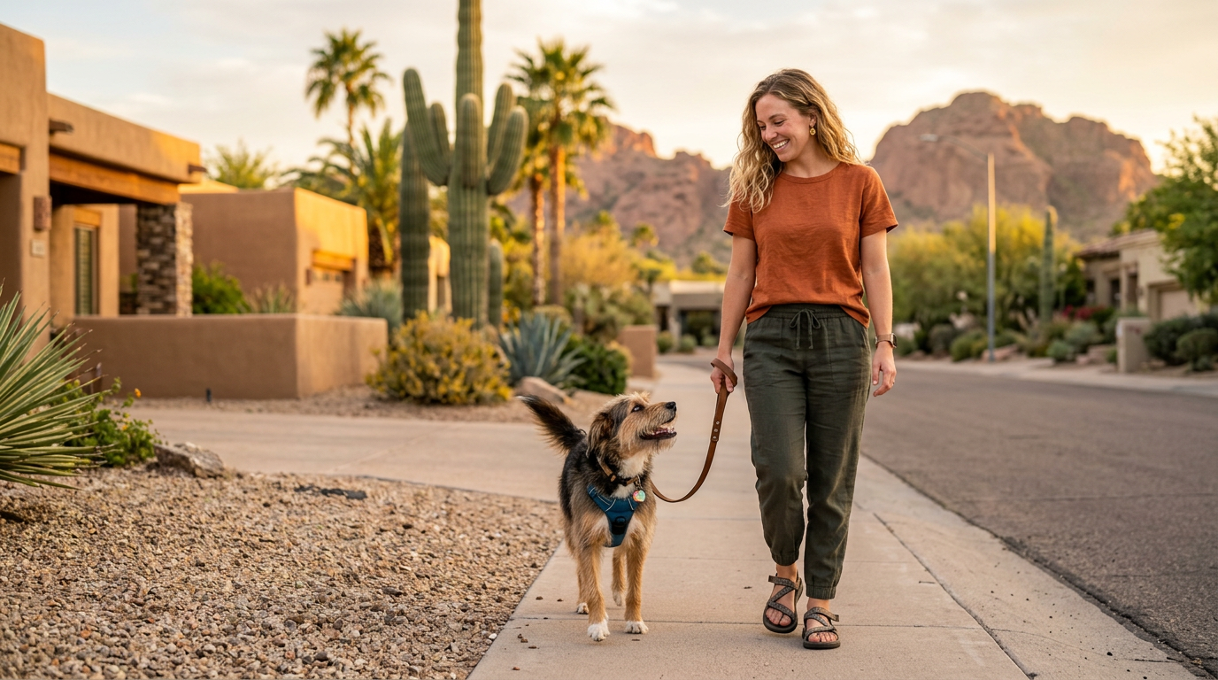 Woman walking a Labrador on a waterfront boardwalk in a vibrant city