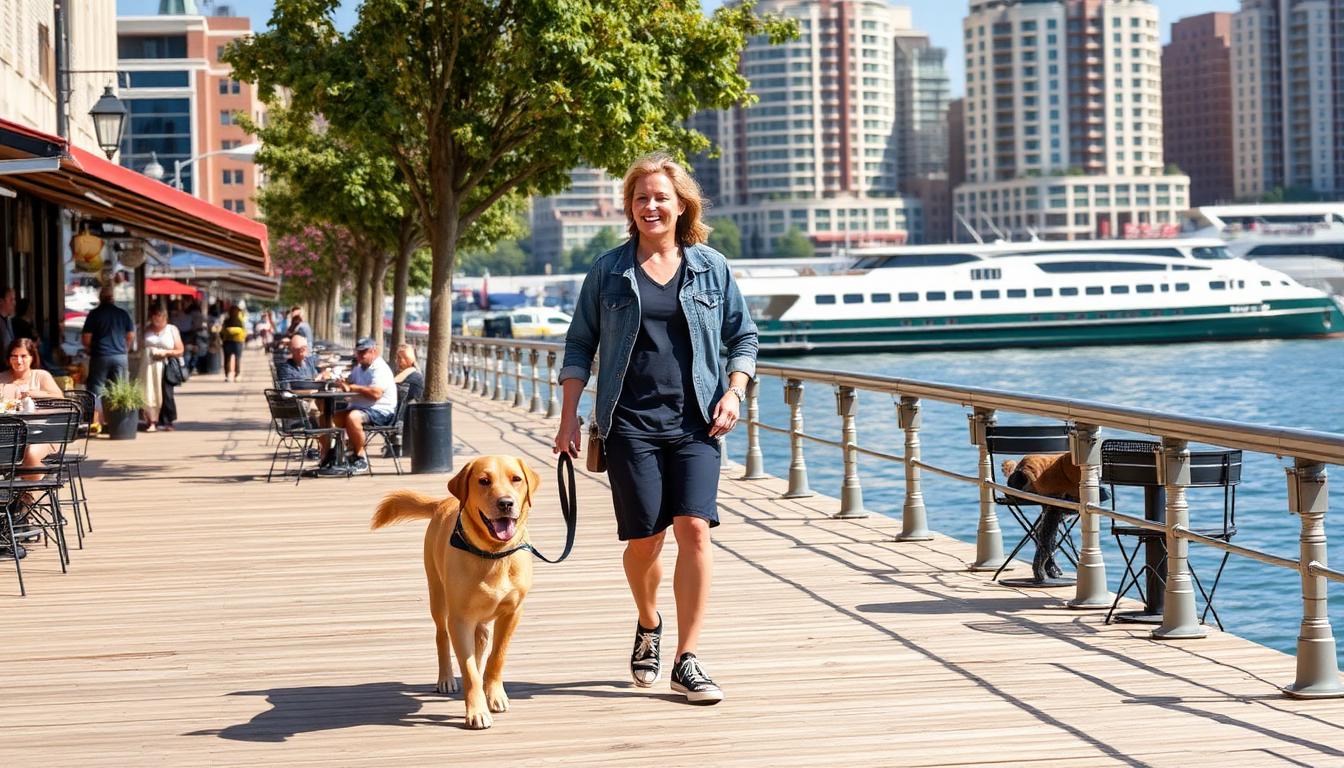 Woman walking a Labrador on a scenic waterfront boardwalk in a vibrant city