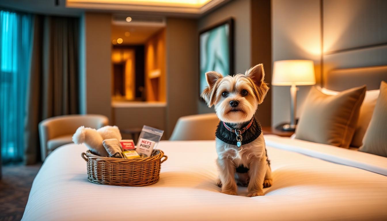 Small dog sitting on a plush hotel bed with a welcome basket