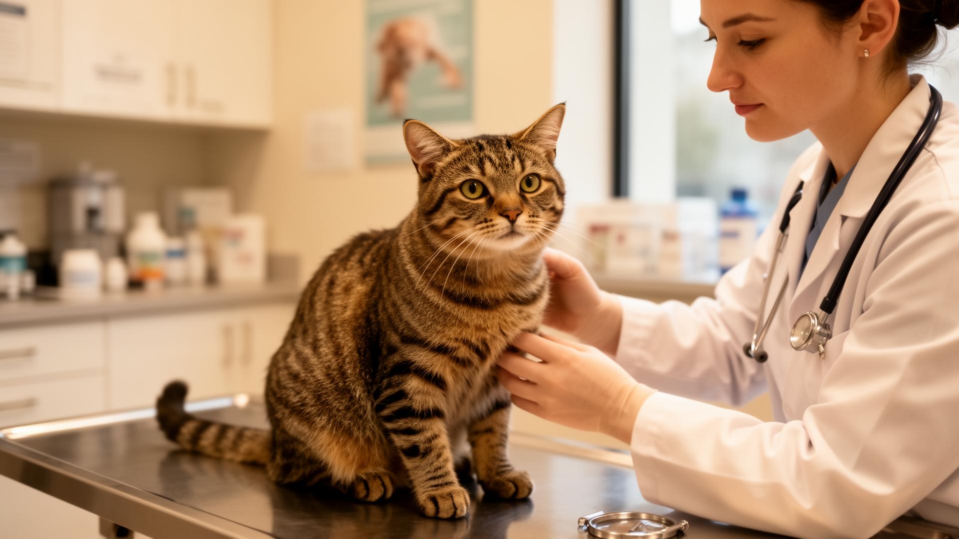 Tabby cat being examined by a veterinarian
