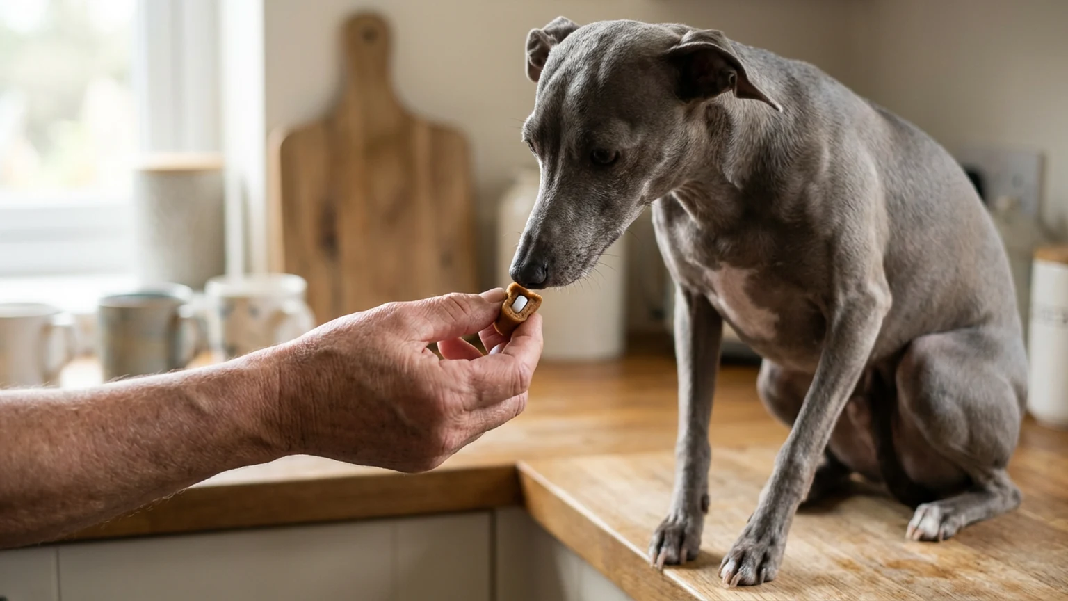 Veterinarian dispensing prescription medications for a dog at a pharmacy counter
