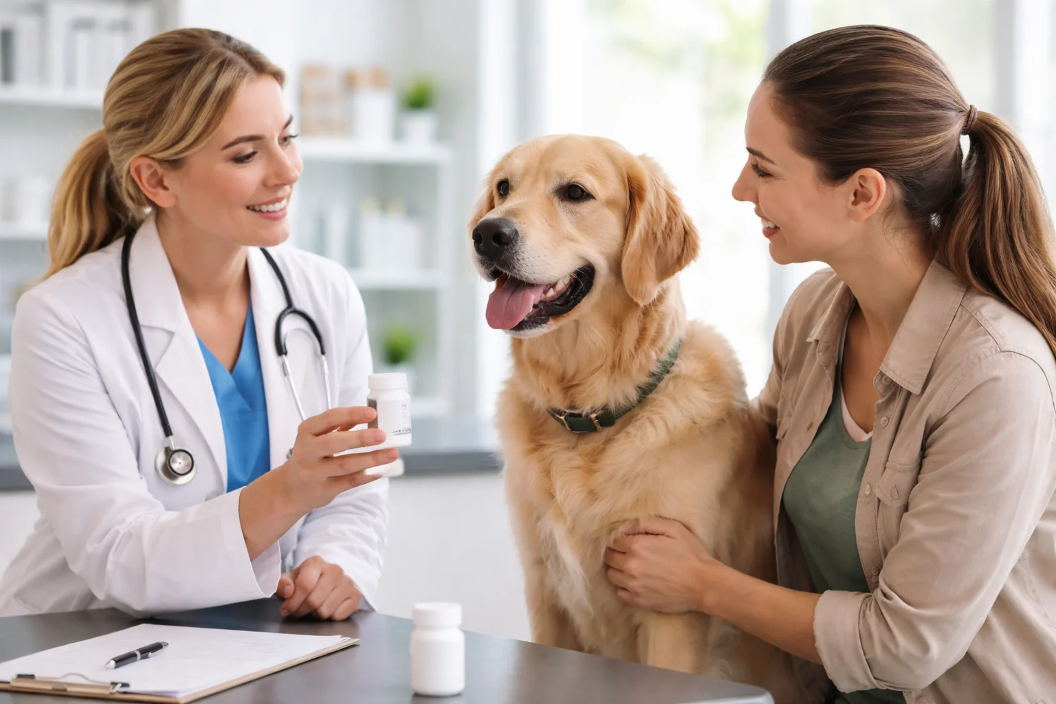 Veterinarian dispensing prescription medications for a dog at a veterinary pharmacy counter