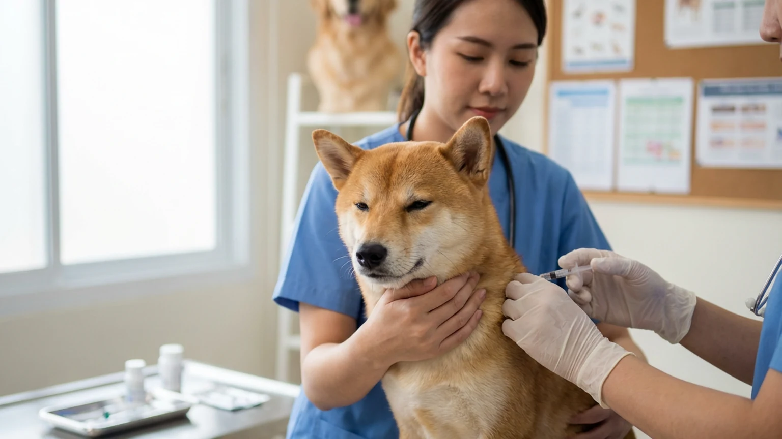 Veterinarian administering a vaccination to a golden retriever puppy