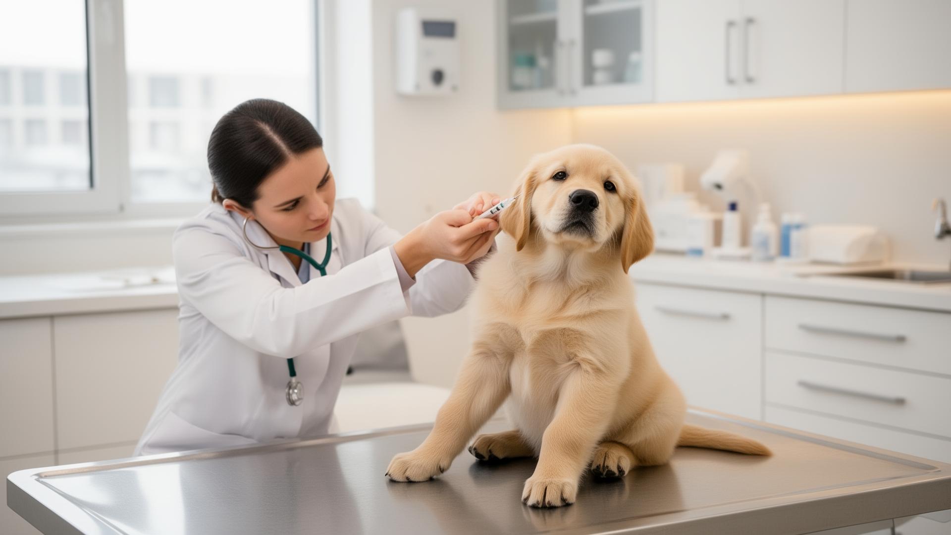 Veterinarian administering a vaccination to a golden retriever puppy