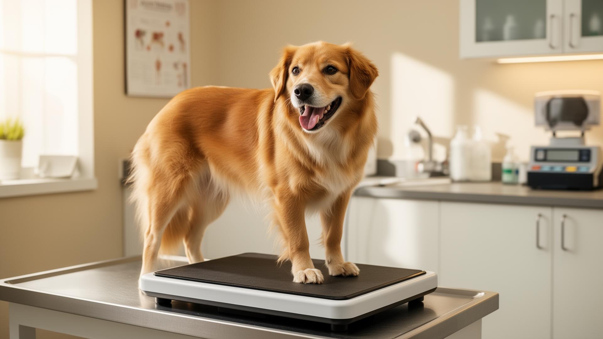 Dog standing on a veterinary scale for weight monitoring