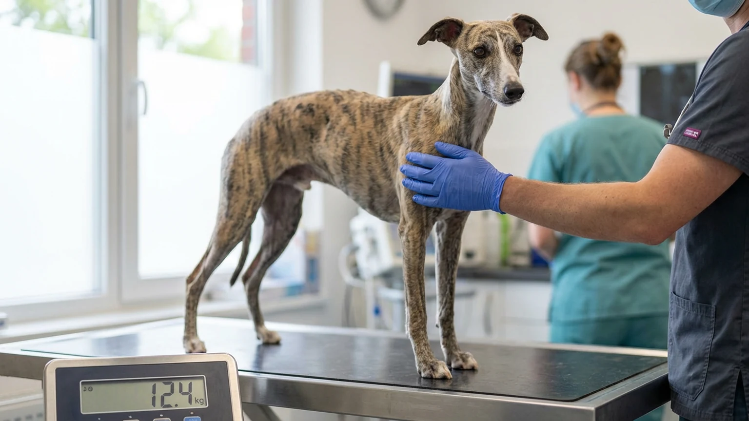Dog standing on a veterinary scale for weight monitoring
