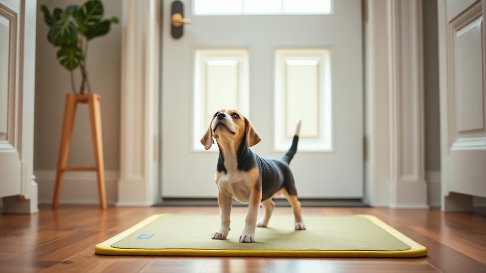 Beagle puppy standing on a training pad near a front door