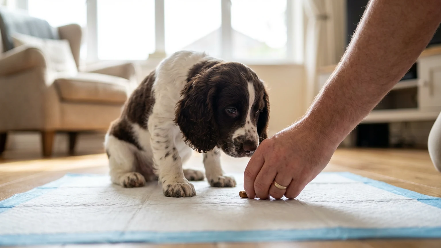 Beagle puppy standing on a training pad near a front door