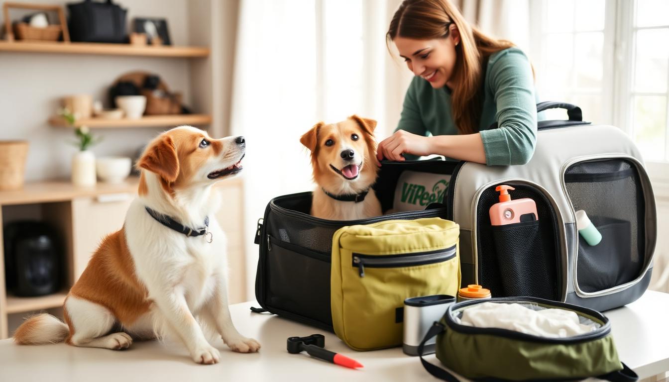 Pet owner packing travel supplies with dog watching nearby