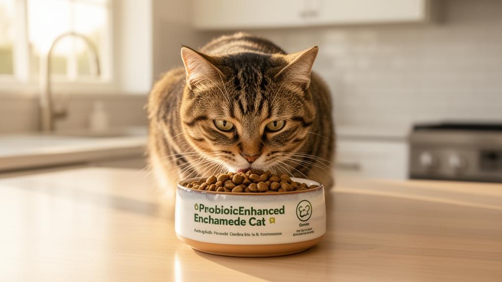 Cat eating probiotic-enhanced food from a ceramic bowl