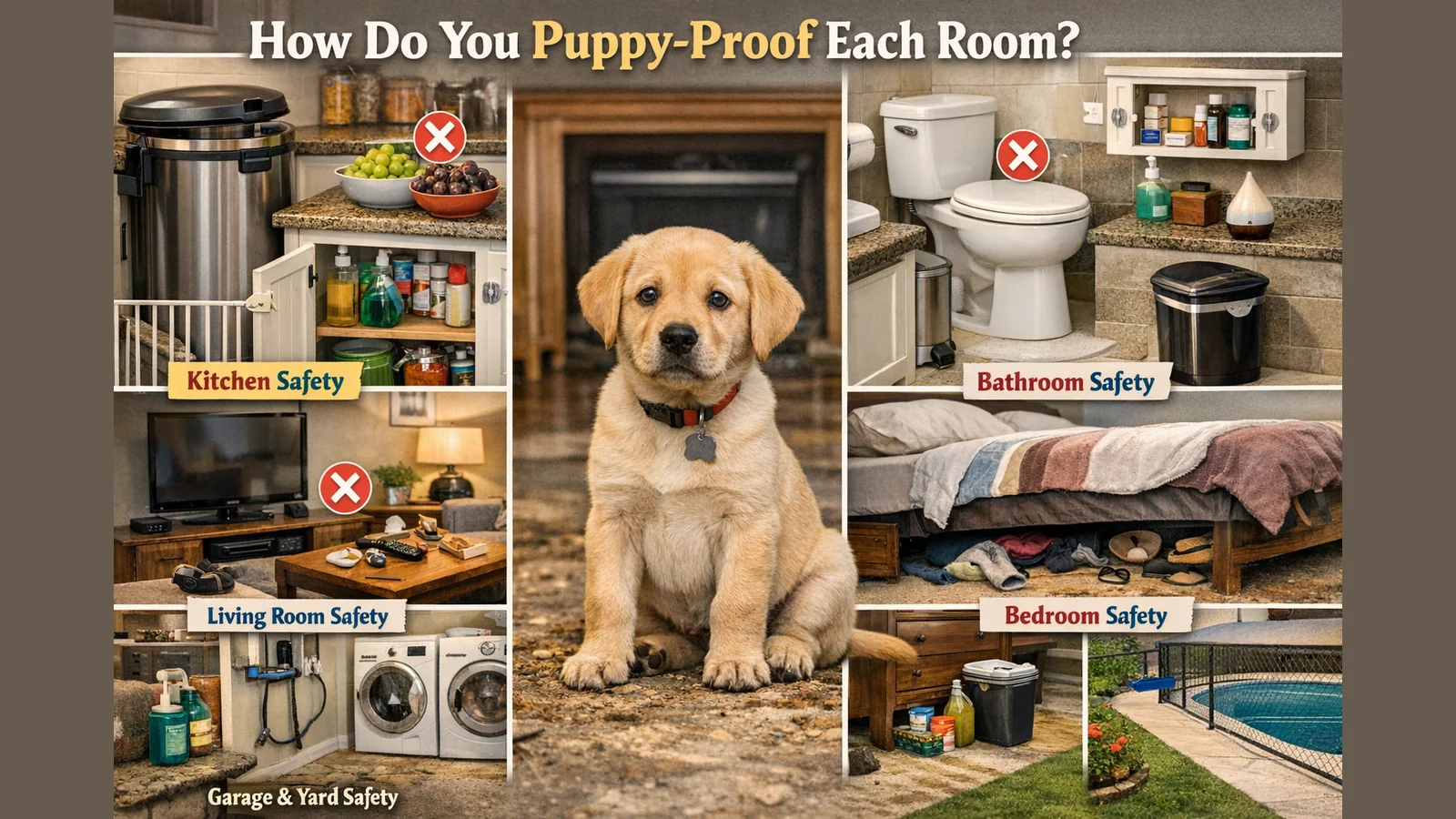 Curious golden retriever puppy exploring a safely puppy-proofed living room with baby gate and secured cords