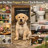 Curious golden retriever puppy exploring a safely puppy-proofed living room with baby gate and secured cords