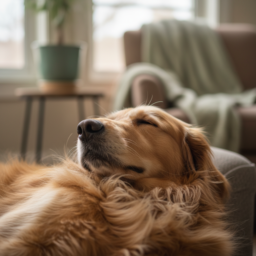 Pet owner monitoring their sleeping dog's breathing on a couch