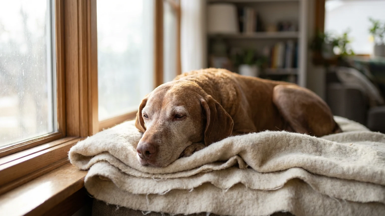 Senior golden retriever resting on a cozy dog bed
