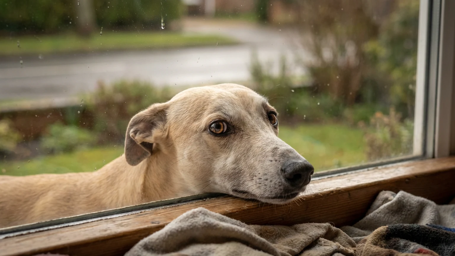 Anxious golden retriever sitting alone by a front door waiting for its owner