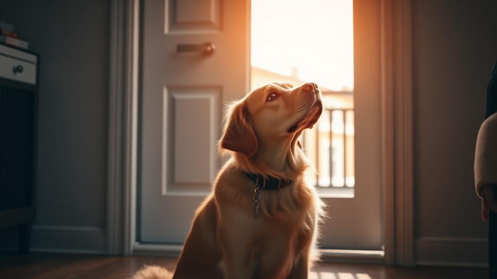 Anxious golden retriever sitting alone by a front door waiting for its owner