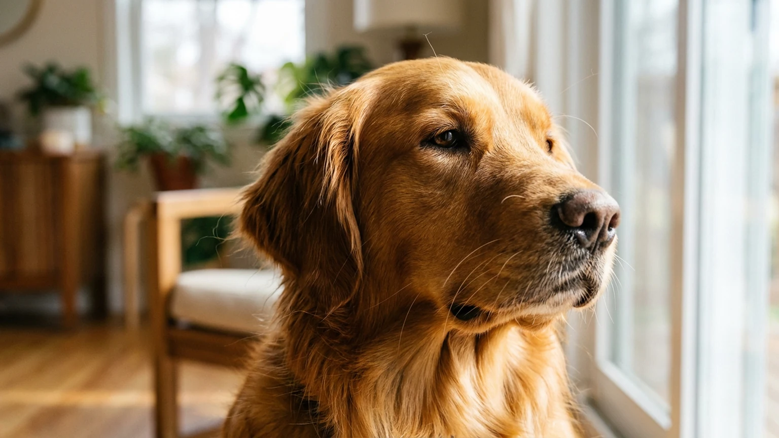 Golden retriever with a beautiful shiny coat after grooming