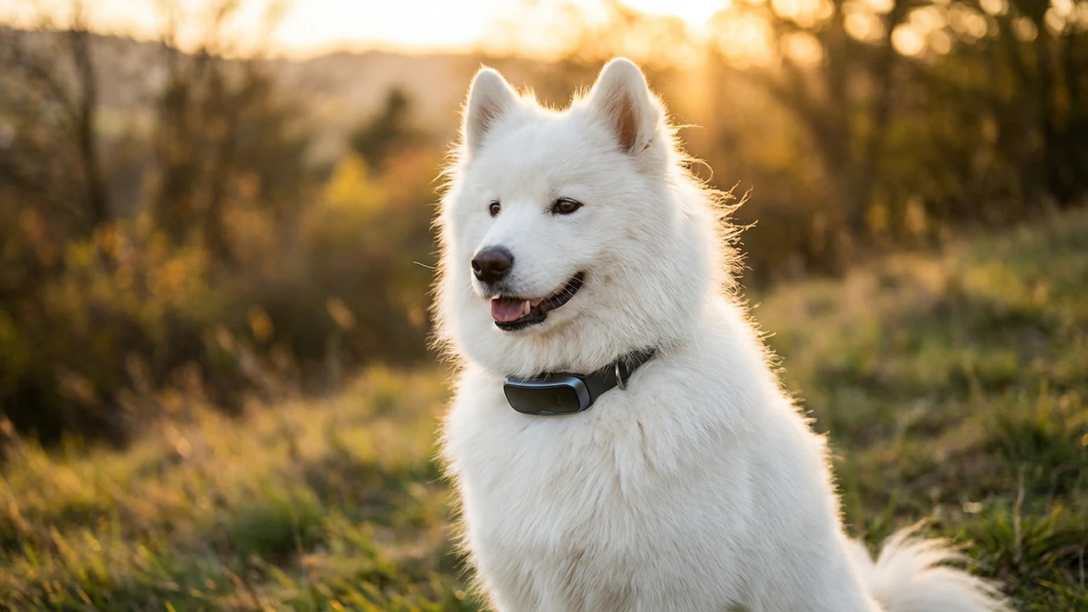 Golden retriever wearing a smart collar with health monitoring sensor