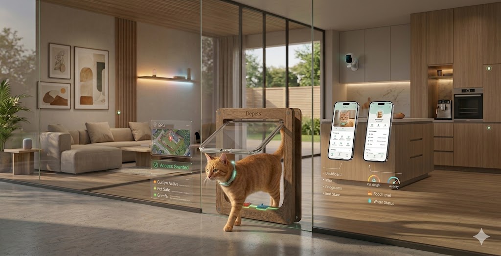 Orange tabby cat walking through a smart pet door with green LED sensor