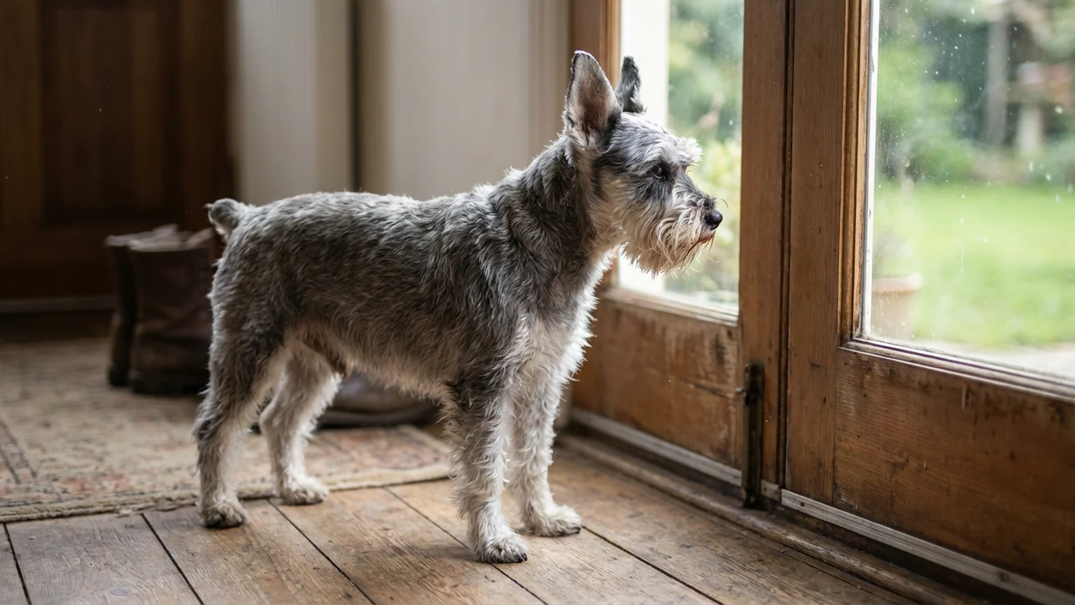Small terrier barking at the front door with alert posture