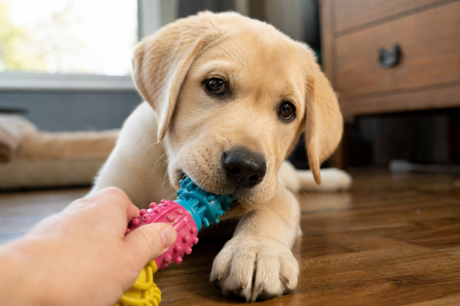 Yellow Labrador puppy chewing on a colorful rubber teething toy offered by an owner's hand