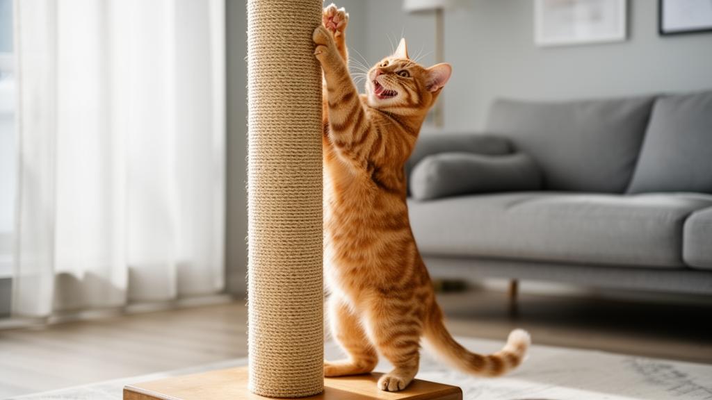 Cat using a tall sisal scratching post instead of the couch