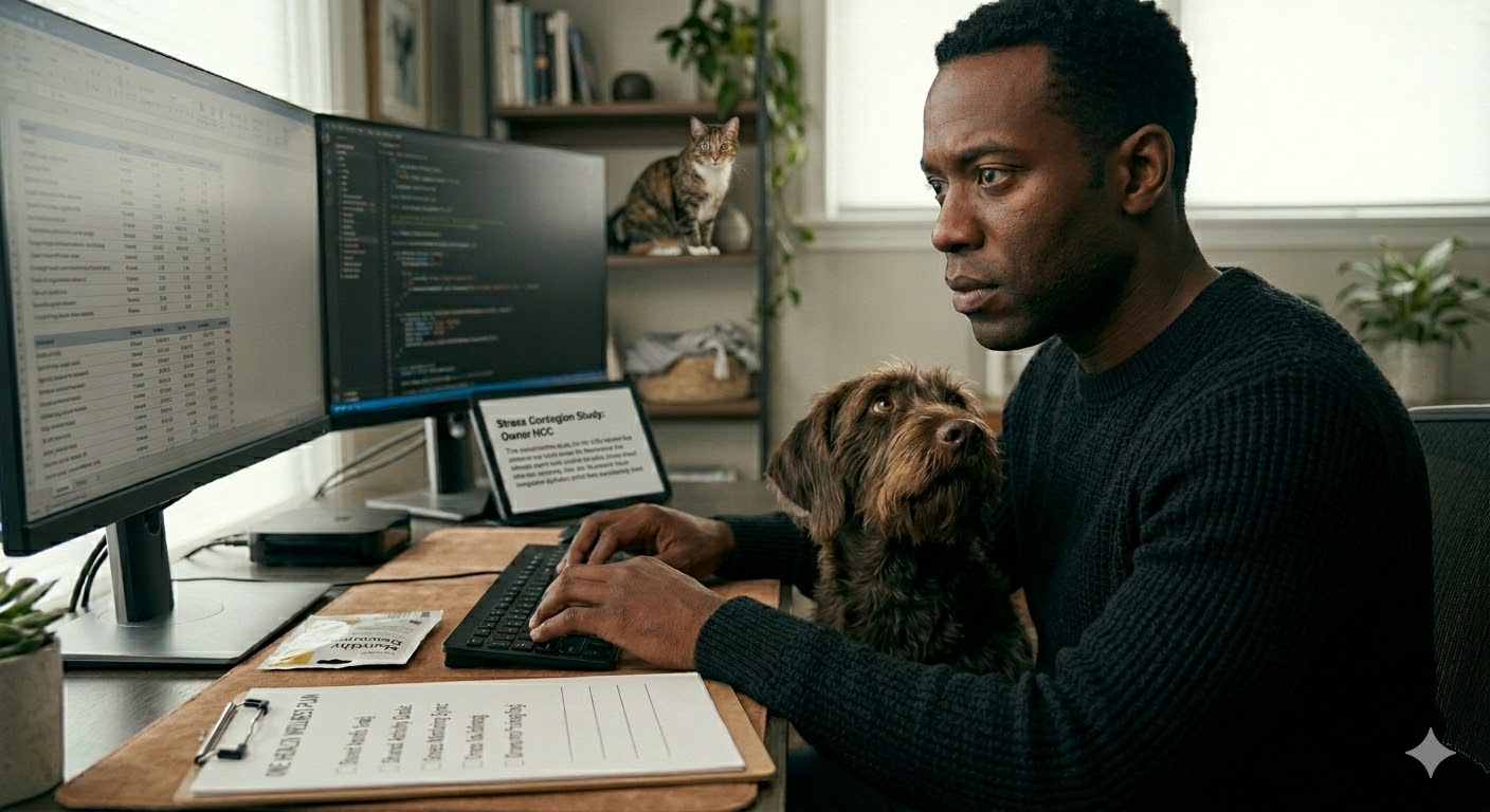 Stressed pet owner working from home while their anxious dog paces nearby