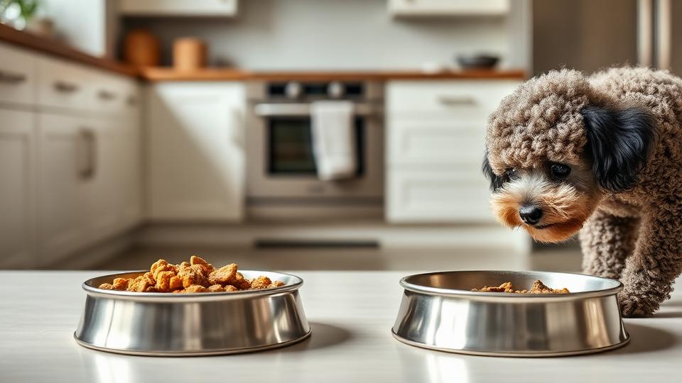 Two dog food bowls side by side showing a gradual food transition