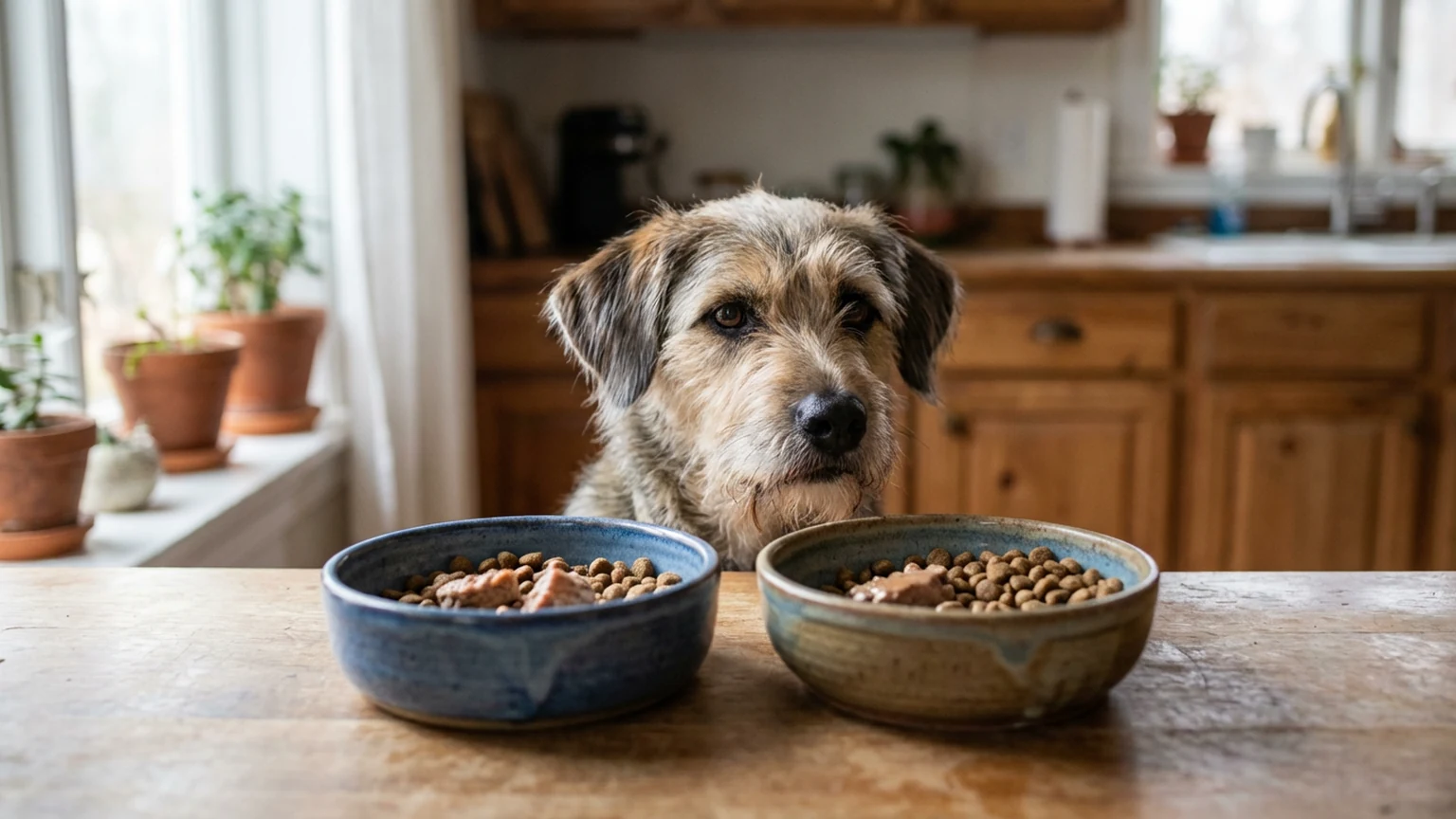 Two dog food bowls side by side showing a gradual food transition