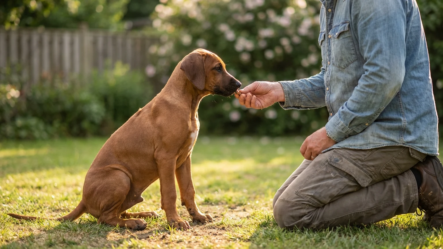 Golden retriever puppy sitting attentively during a training session