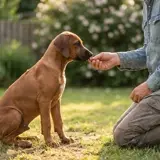 Golden retriever puppy sitting attentively during a training session