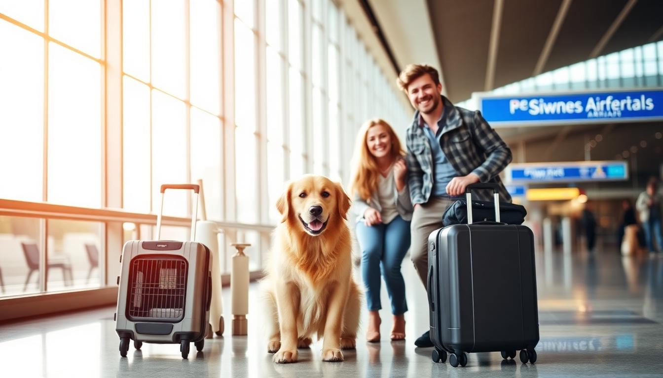 Happy couple with golden retriever at an airport terminal with luggage