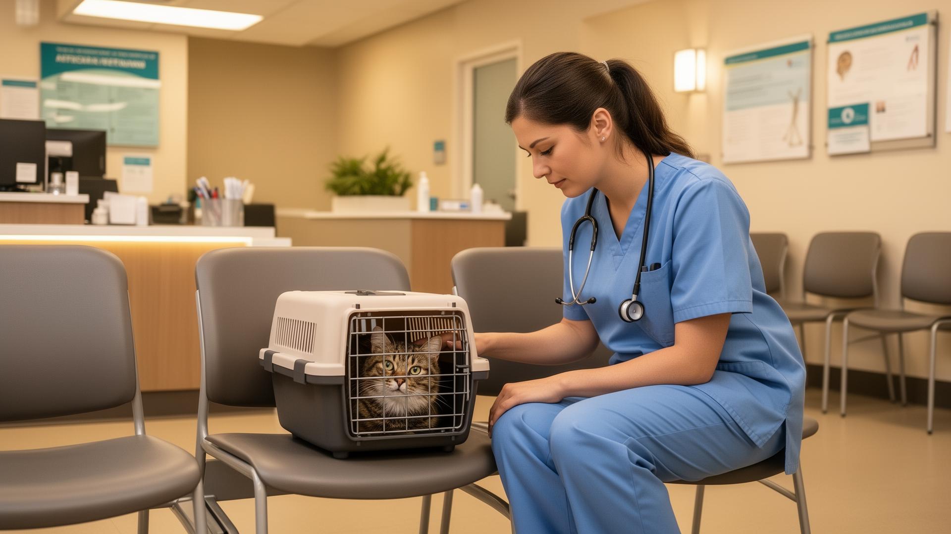 Pet owner in veterinary waiting room preparing for a vet visit