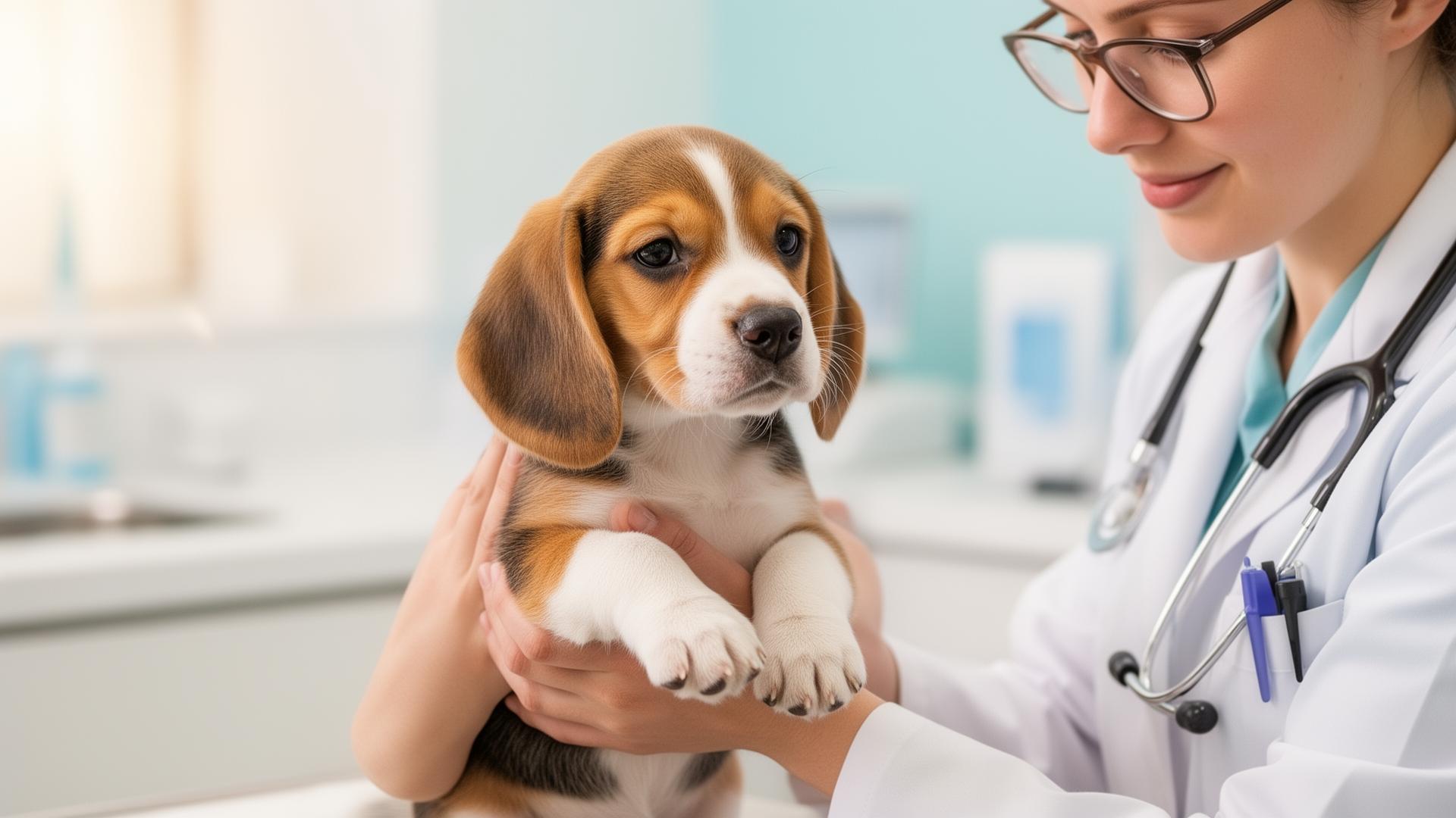 Beagle puppy being held by a veterinarian