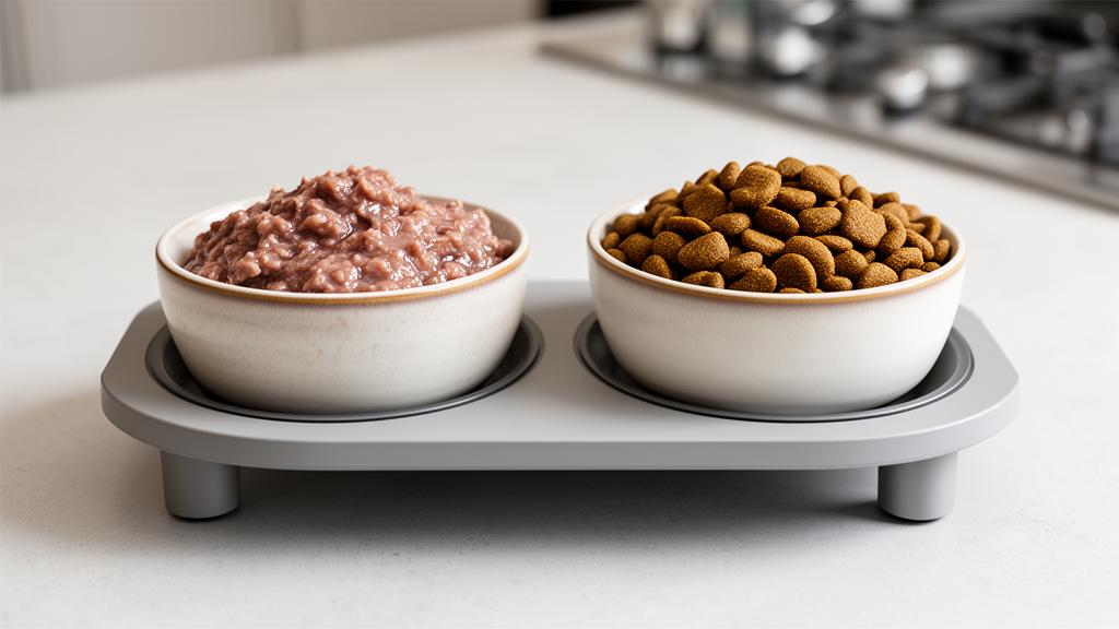 Side-by-side bowls of wet and dry cat food on a modern feeding station