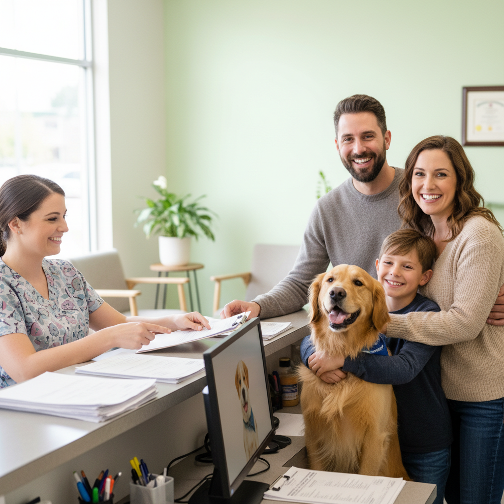 Pet owner reviewing pet insurance paperwork at a kitchen table with a golden retriever beside them