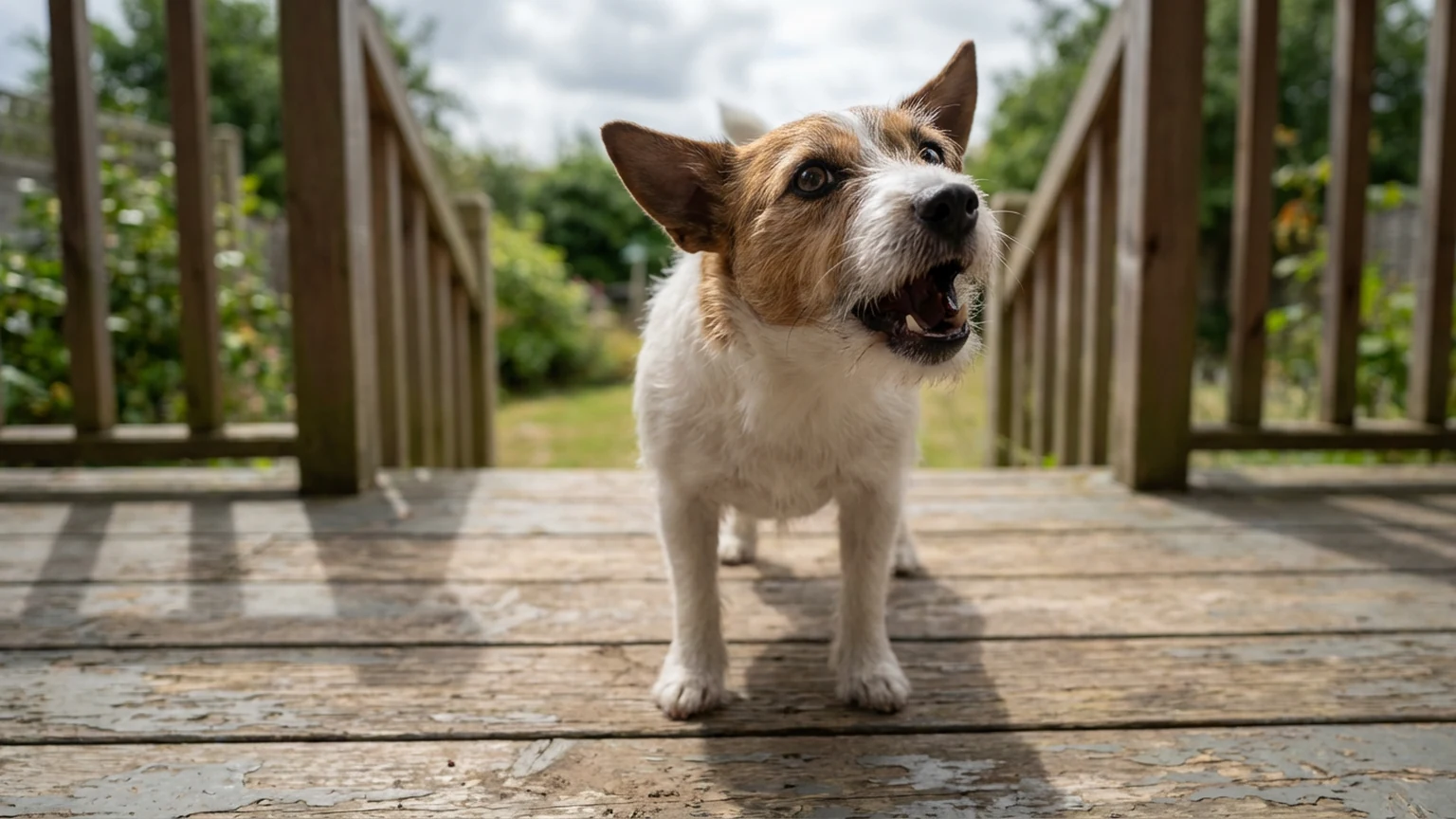 Brown dog barking outdoors in a backyard